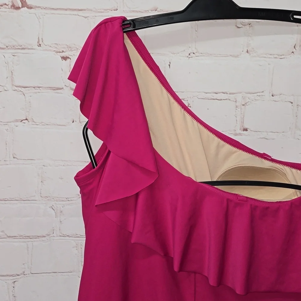 Kona Sol One Piece Swimsuit Ruffle One Shoulder Full Coverage Seat Hot Pink - Picture 7 of 15